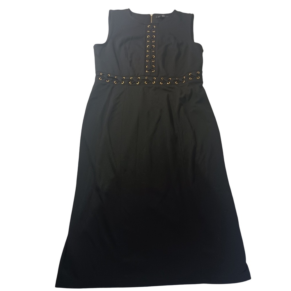 Spense Grommet Lace Up Dress Womens 12 Black‎ Sleeveless Midi Quiet Luxury LBD